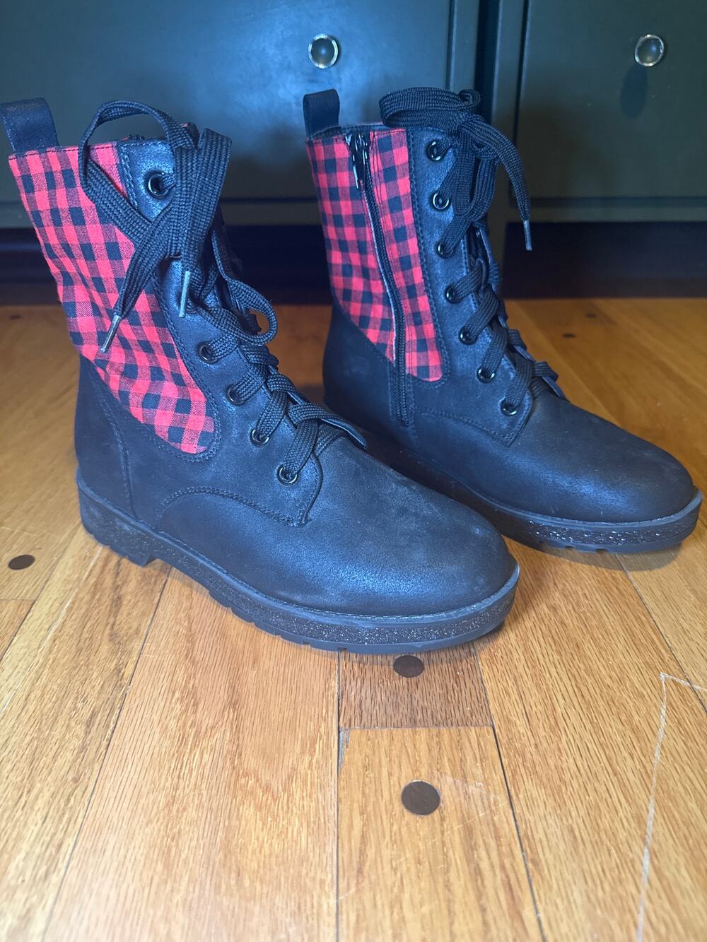 MIA Kissia Combat Boots Girls Youth 3 Black Red Plaid Lace Up Ankle Boots